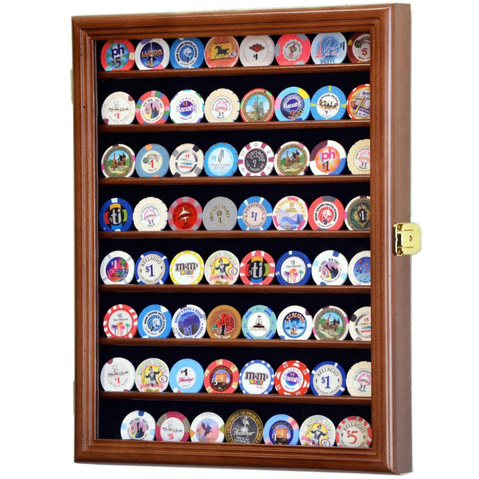 64 Casino Chip / Coin Display Case Cabinet UV Protection Walnut Wood