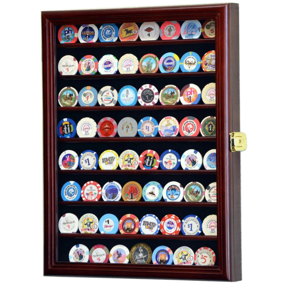 64 Casino Chip / Coin Display Case Cabinet UV Protection Cherry Wood