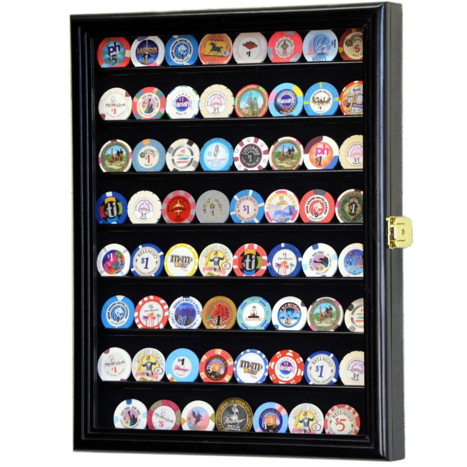 64 Casino Chip / Coin Display Case Cabinet UV Protection Black Wood