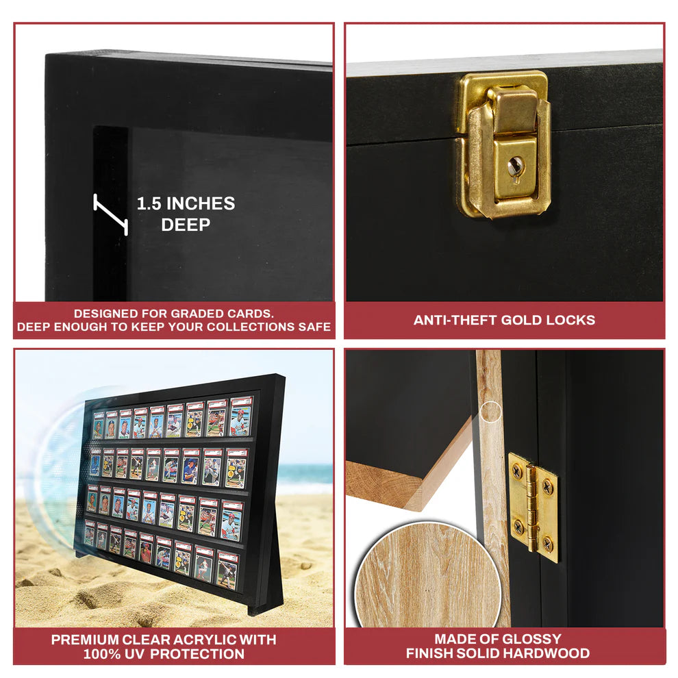Black display case with gold locks, graded card storage, and UV protection features.