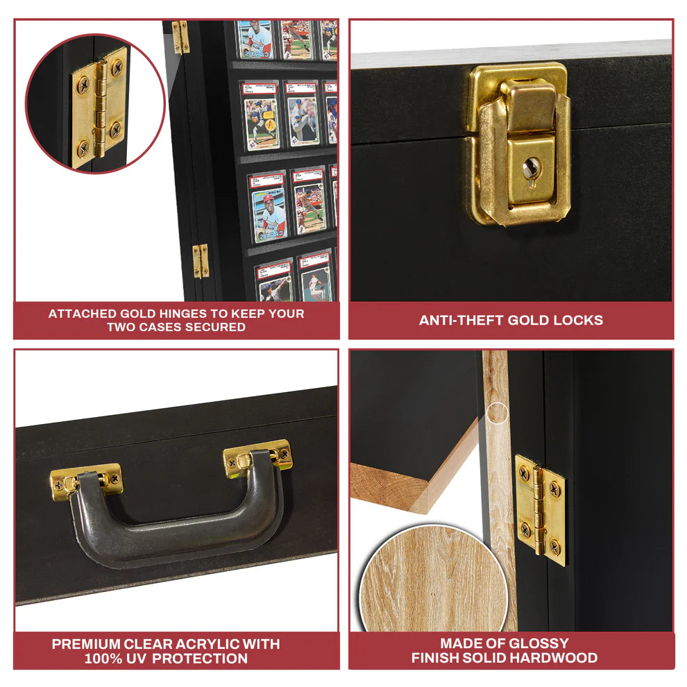 Black display case with gold hinges and locks, featuring close-up details and text on features.