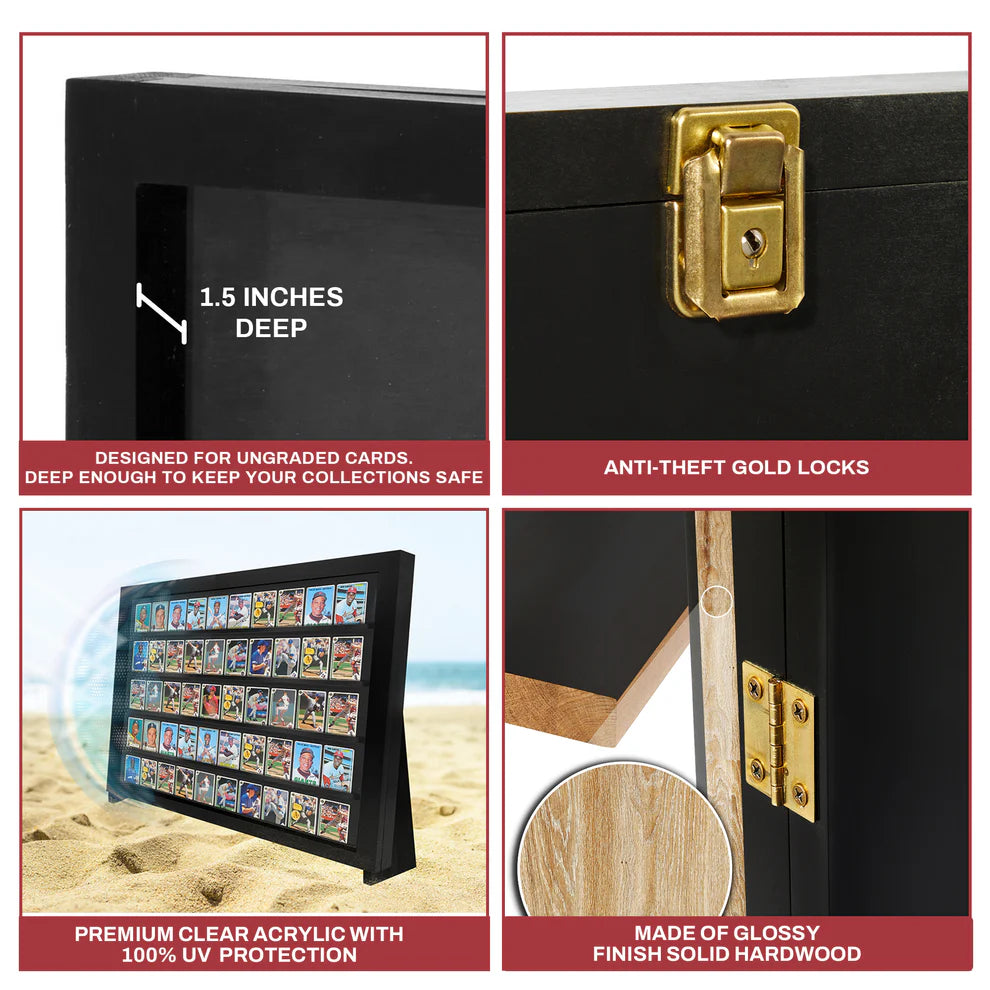 Black trading display case stand for sports and Pokémon cards on a white background