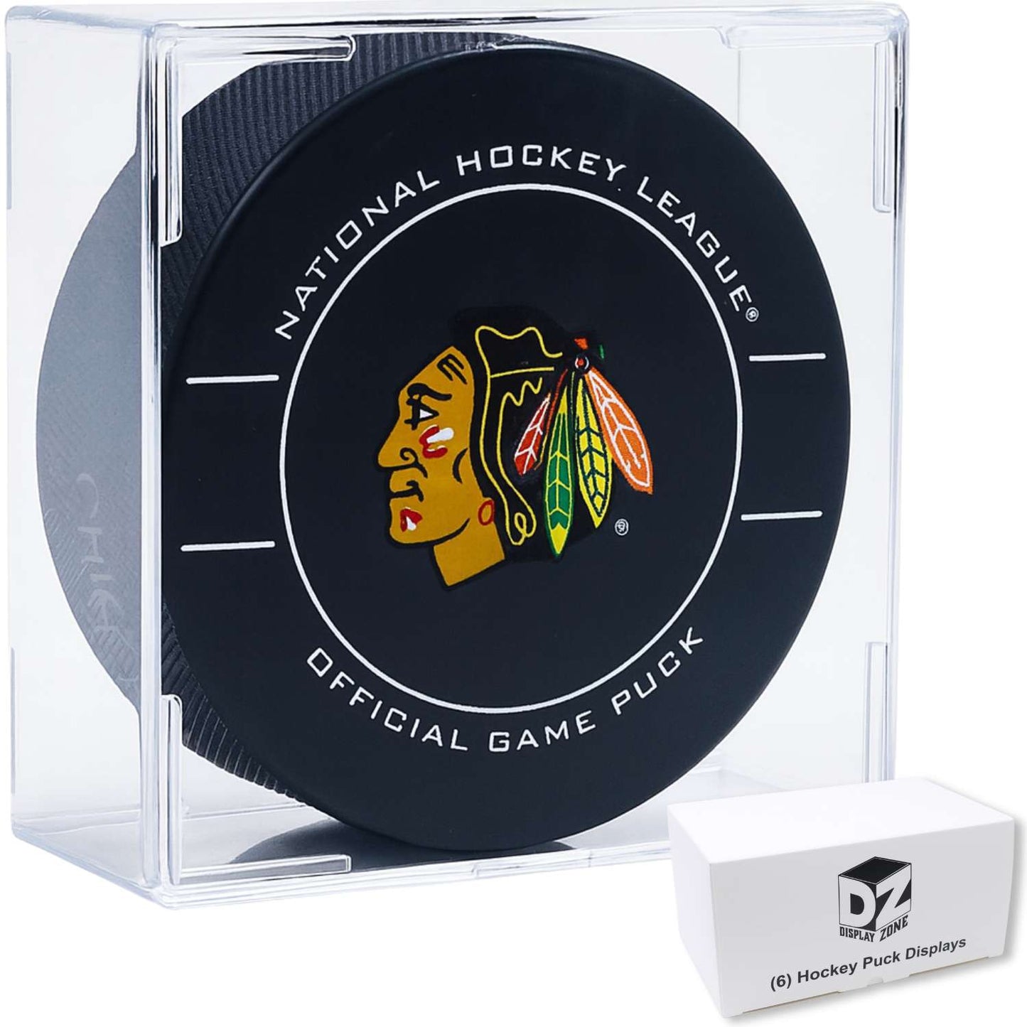 Single hockey puck in a clear acrylic cube display case