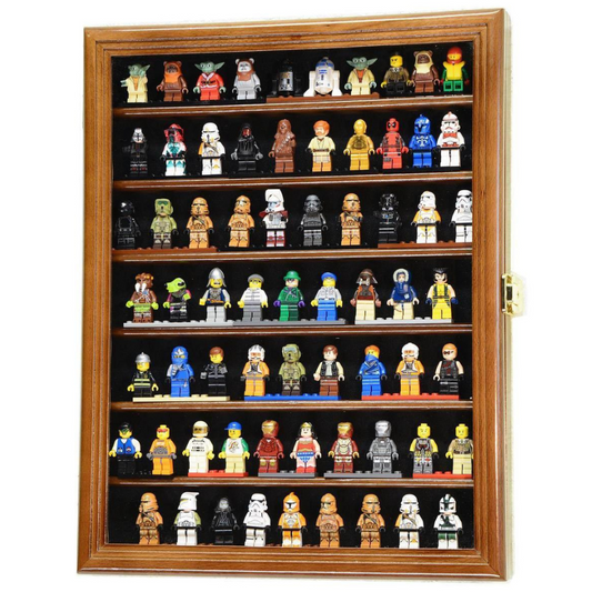 70 Mini Figures / Miniatures / Figurines Display Case Cabinet UV Protection Lego Walnut Wood
