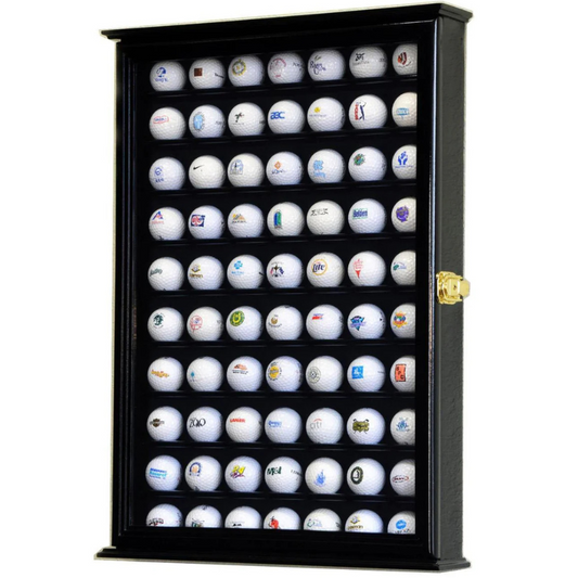 Black golf ball display case cabinet with UV Protection. 70 golf balls featuring various logos on a white background