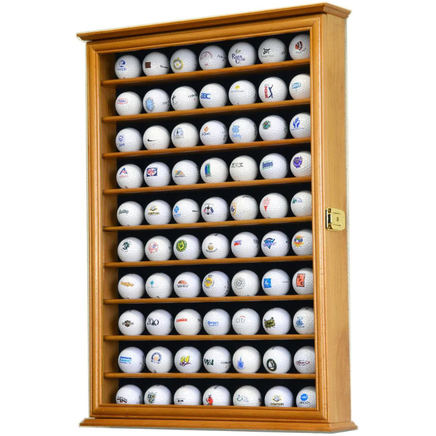 Oak golf ball display case cabinet with UV Protection. 70 golf balls featuring various logos on a white background