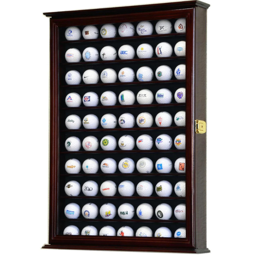 Cherry golf ball display case cabinet with UV Protection. 70 golf balls featuring various logos on a white background