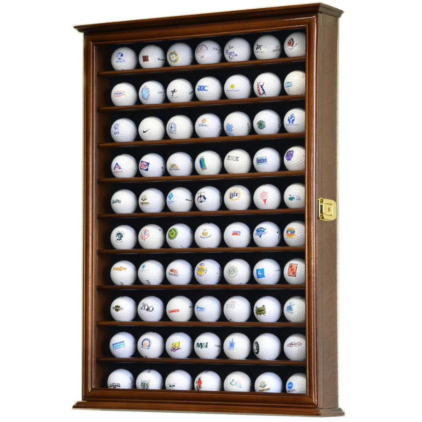 Walnut golf ball display case cabinet with UV Protection. 70 golf balls featuring various logos on a white background