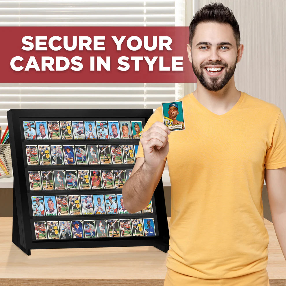 Black trading display case stand with multiple compartments for trading cards on a white background