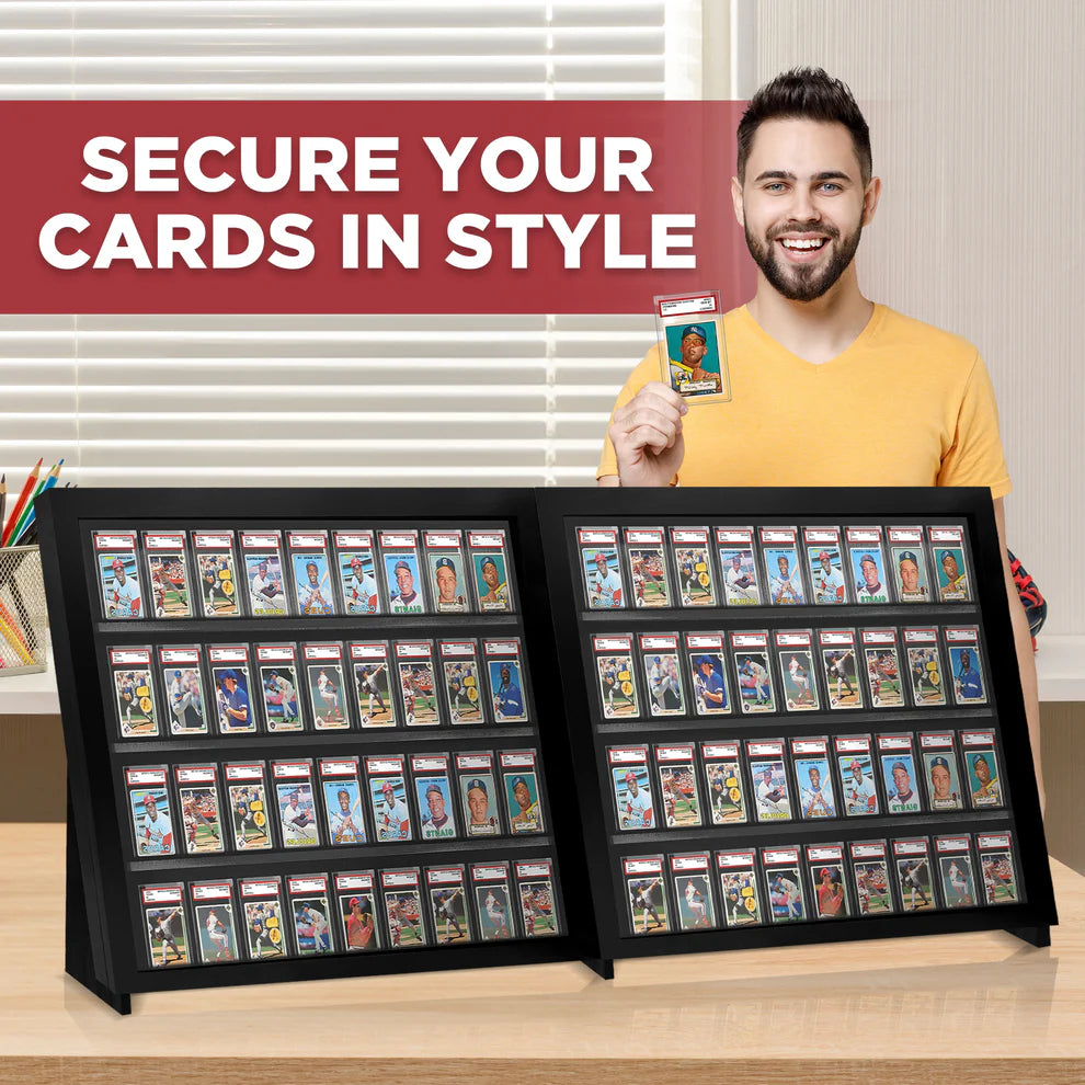 Man holding a trading card with text 'Secure Your Cards in Style' above a display of trading cards.
