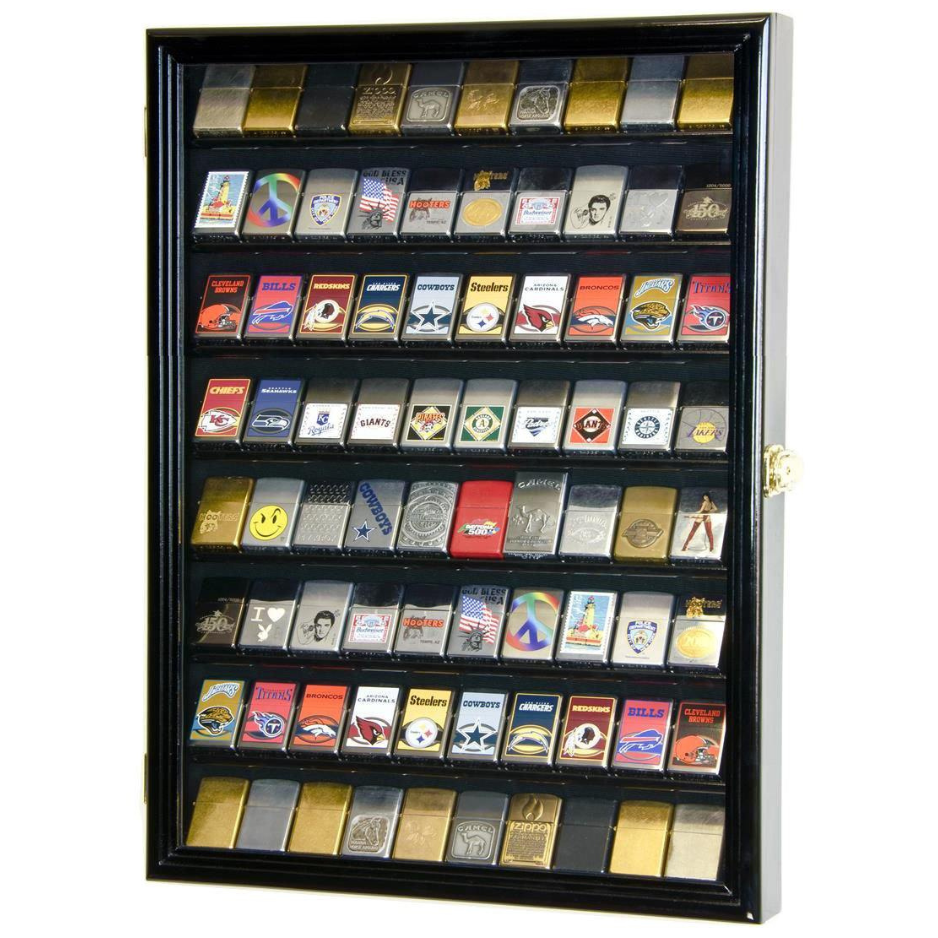 80 Lighter Display Case Cabinet UV Protection Black Wood
