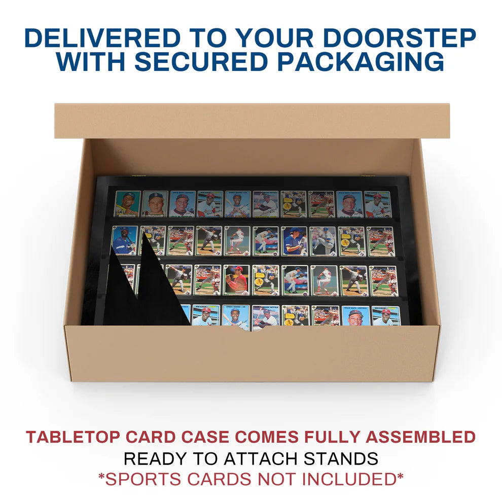 Black trading display case stand for sports and Pokémon cards on a white background