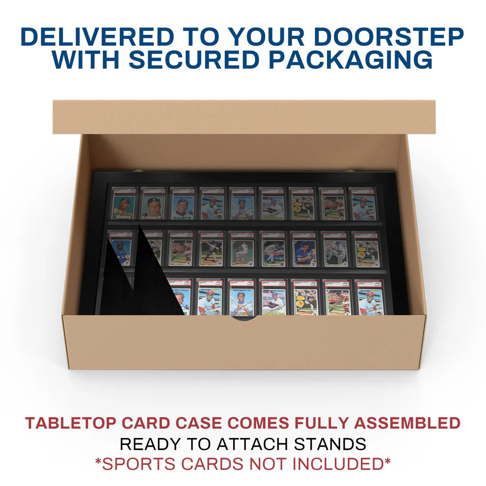 Box containing a collection of tabletop card cases with text about delivery and assembly.