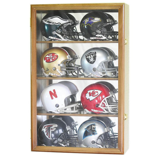 8 Riddell Mini Helmet Display Case Cabinet (Mirror Back) UV Protection Walnut Wood