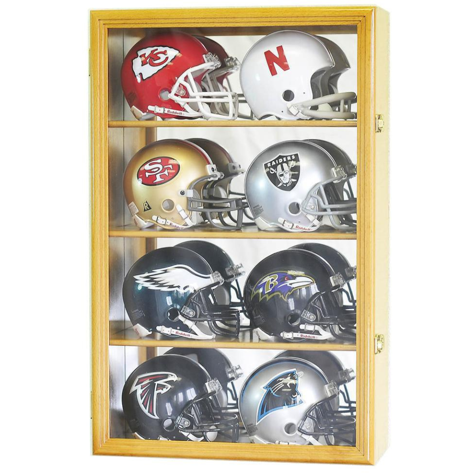 8 Riddell Mini Helmet Display Case Cabinet (Mirror Back) UV Protection Oak Wood