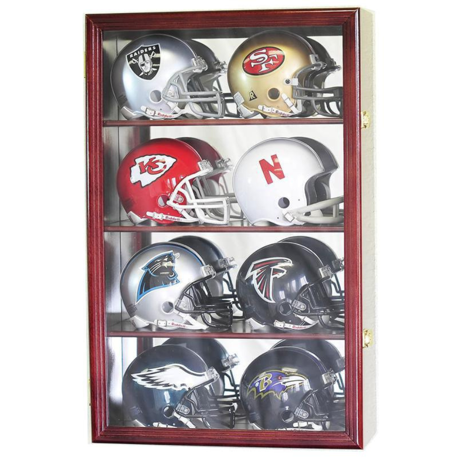 8 Riddell Mini Helmet Display Case Cabinet (Mirror Back) UV Protection Cherry Wood