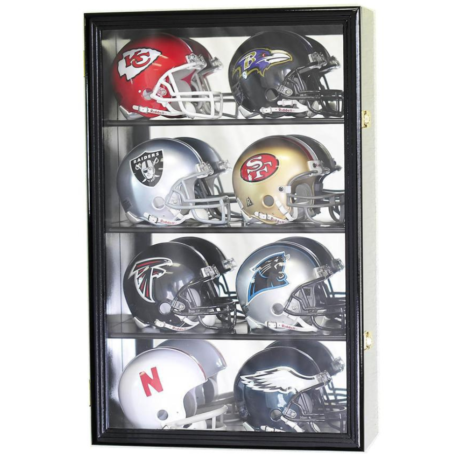 8 Riddell Mini Helmet Display Case Cabinet (Mirror Back) UV Protection Black Wood