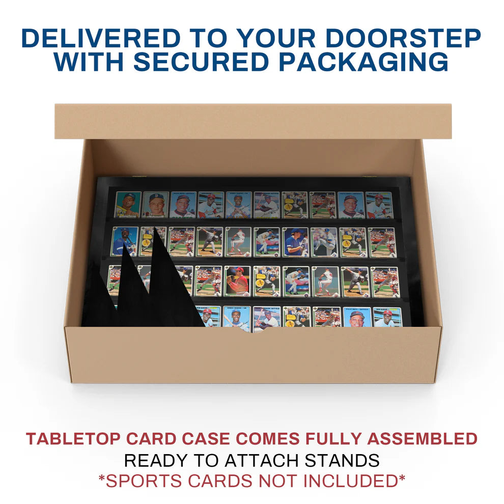 Tabletop card case with sports cards inside, delivered with secured packaging.
