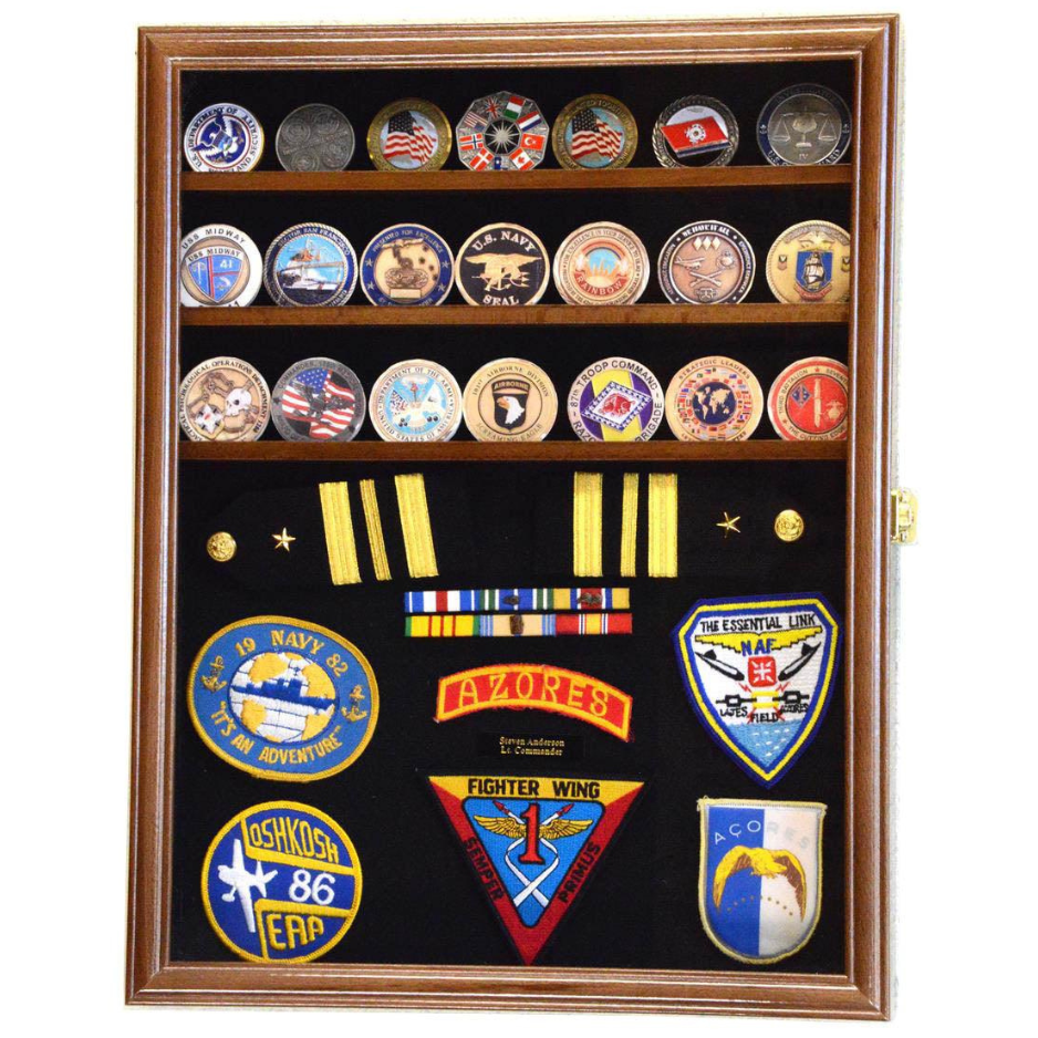 Challenge Coin / Medals / Pins / Badges / Ribbons / Insignia /Combo Display Case Cabinet UV Protection walnut Wood