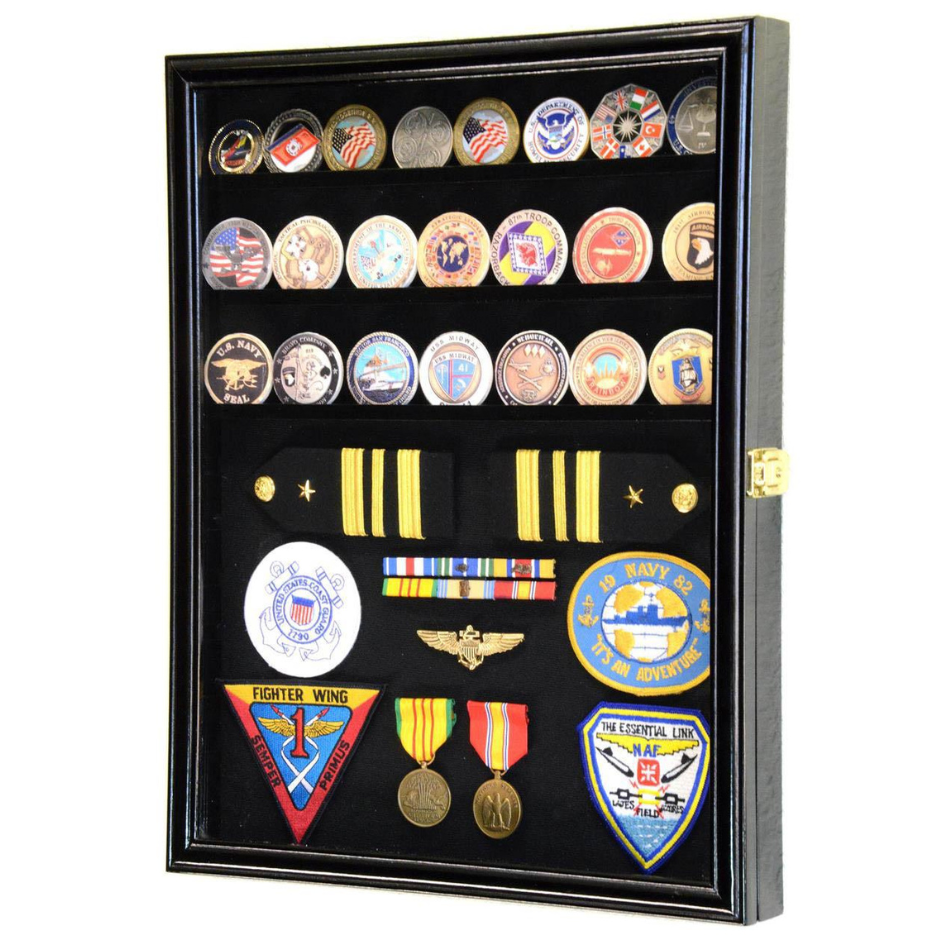 Challenge Coin / Medals / Pins / Badges / Ribbons / Insignia /Combo Display Case Cabinet UV Protection black Wood