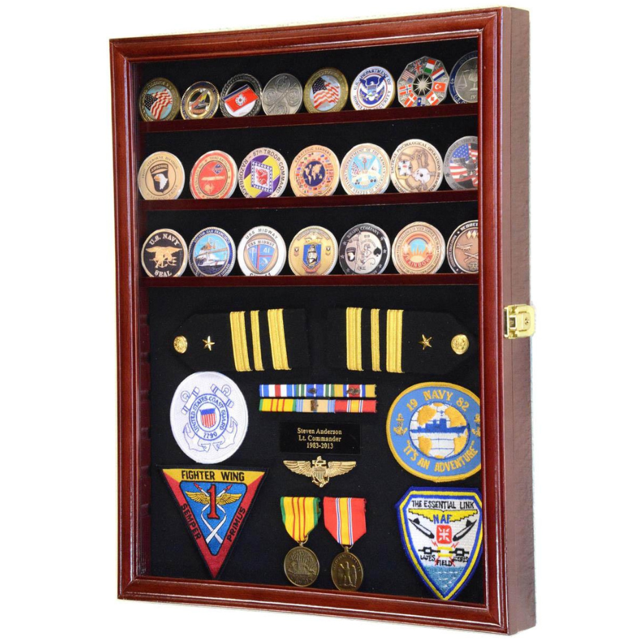 Challenge Coin / Medals / Pins / Badges / Ribbons / Insignia /Combo Display Case Cabinet UV Protection cherry Wood