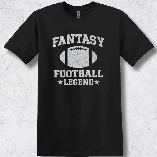 Black t-shirt with 'Fantasy Football Legend' text and football graphic on a textured white background
