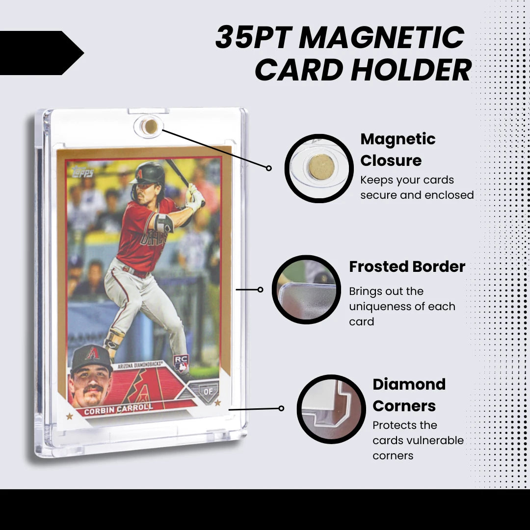 Display Zone 35pt Magnetic Trading Card Holders with UV Protection – featuring diamond corners, frosted edges, and non-PVC acid-free material.