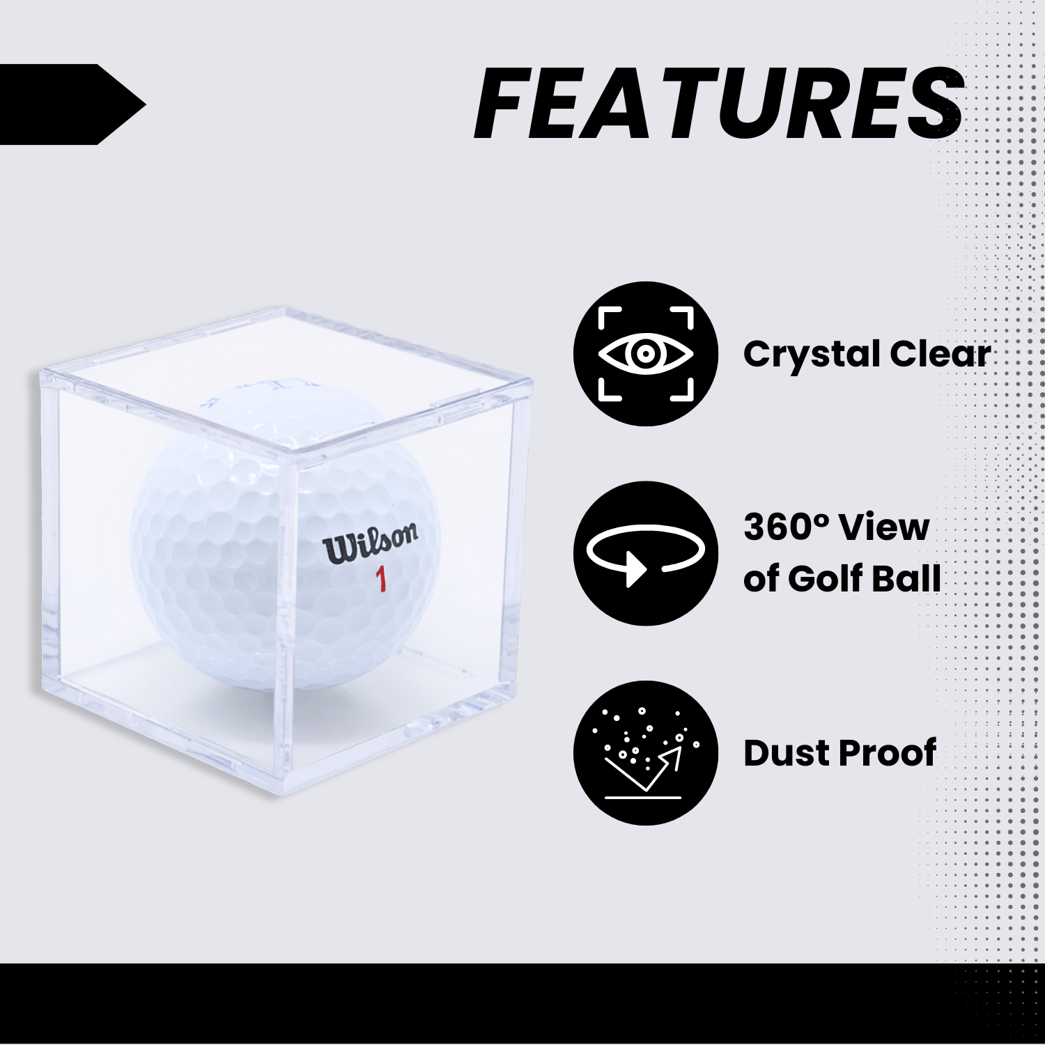 Single golf ball in a clear acrylic cube display case
