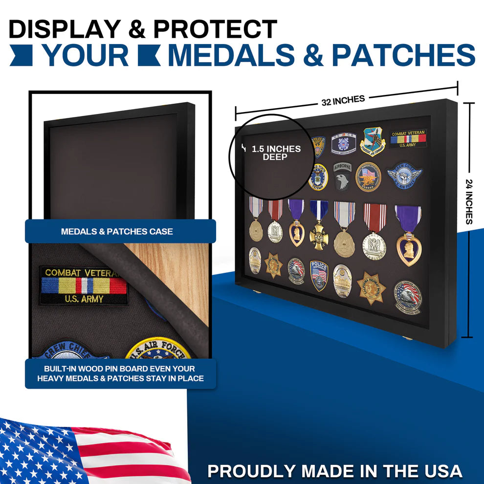 Medals, Pins, Awards, Ribbons, Insignia, & Patches Display Case - Medium UV Protection Black Wood