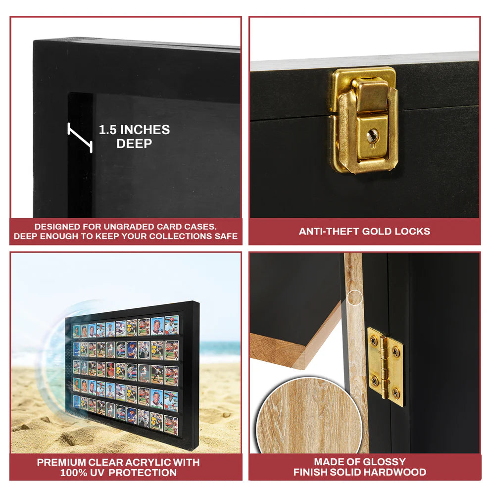 Black display case with gold locks, showing features like depth, anti-theft security, and UV protection.