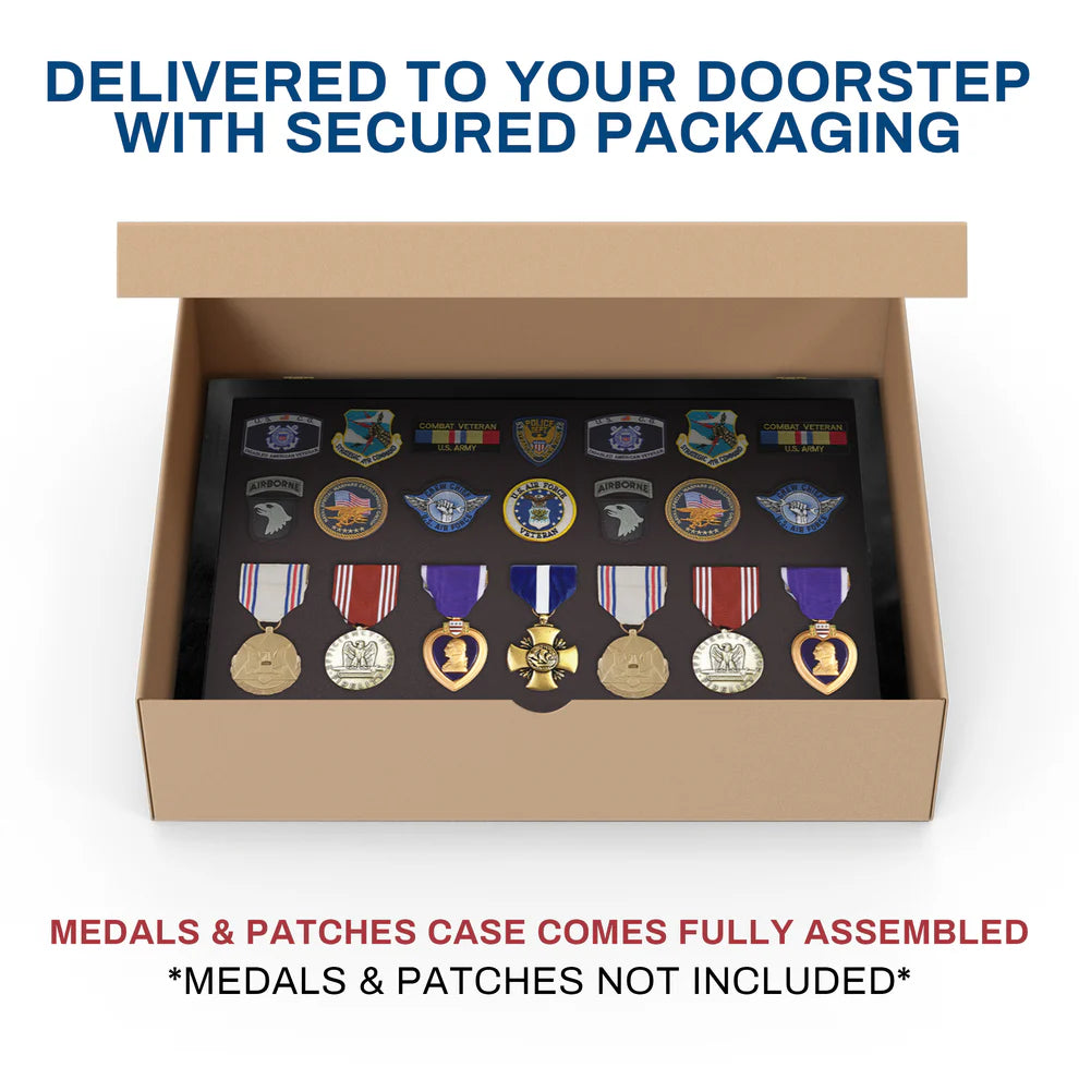Medals, Pins, Awards, Ribbons, Insignia, & Patches Display Case - Medium UV Protection Black Wood