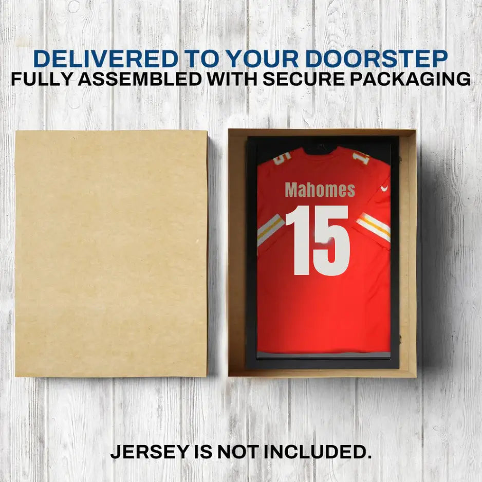 Large jersey display case packaged with protective materials for secure shipping and delivery