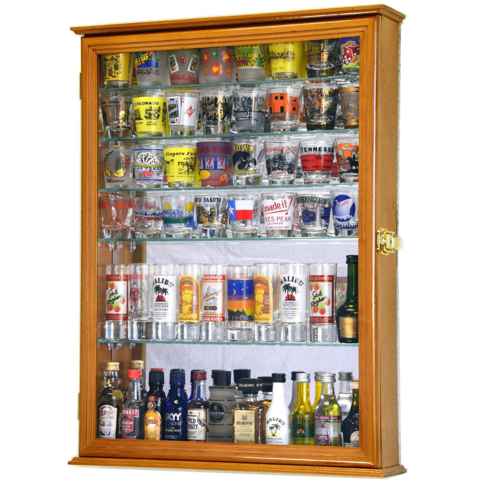 Large Mirror Backed and 7 Glass Shelves Shot Glasses Display Case Cabinet UV Protection Oak Wood