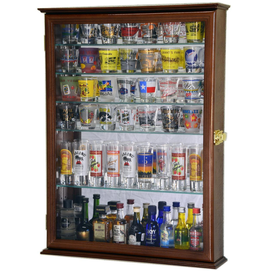 Large Mirror Backed and 7 Glass Shelves Shot Glasses Display Case Cabinet UV Protection Walnut Wood