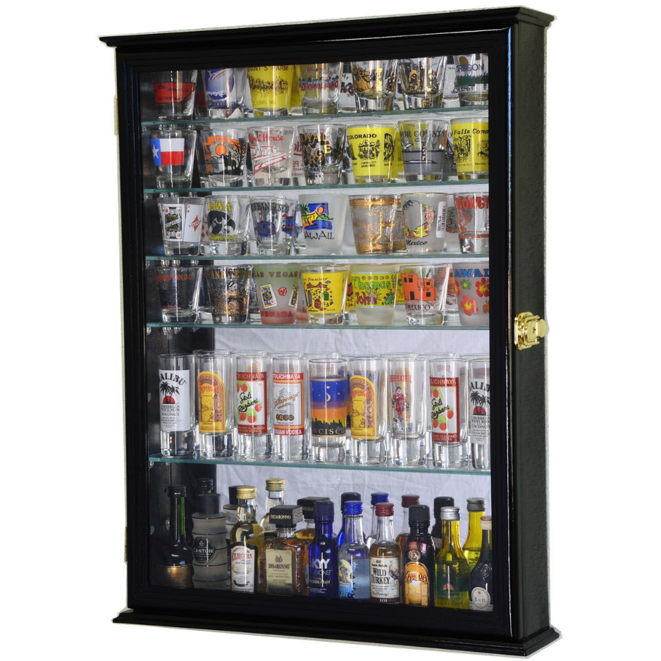 Large Mirror Backed and 7 Glass Shelves Shot Glasses Display Case Cabinet UV Protection Black Wood