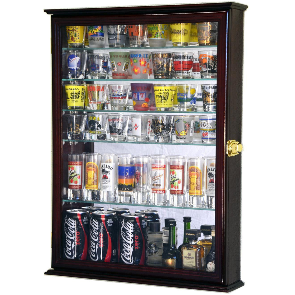 Large Mirror Backed and 7 Glass Shelves Shot Glasses Display Case Cabinet UV Protection Cherry Wood