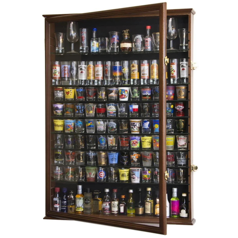 Large Tall Shot Glass, Shooter, Mini Liquor Bottle Display Case Cabinet UV Protection Walnut Wood