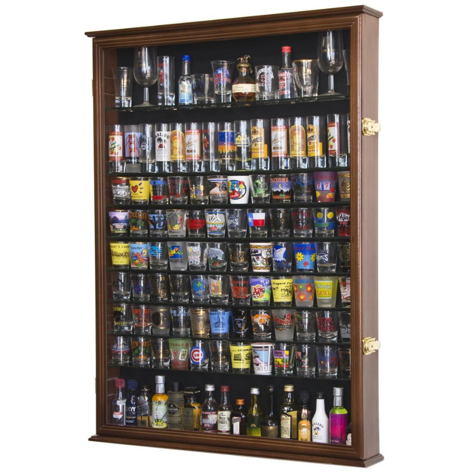 Large Tall Shot Glass, Shooter, Mini Liquor Bottle Display Case Cabinet UV Protection Walnut Wood