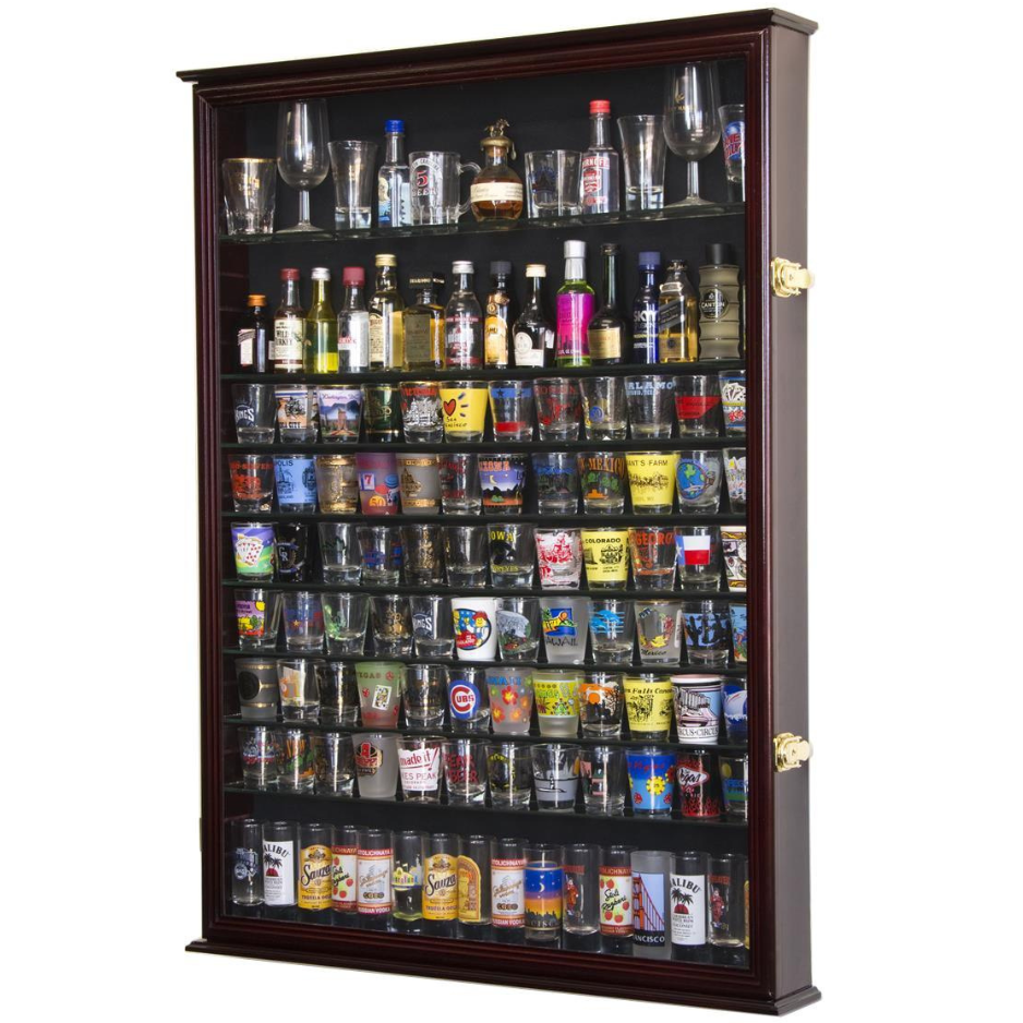 Large Tall Shot Glass, Shooter, Mini Liquor Bottle Display Case Cabinet UV Protection Cherry Wood