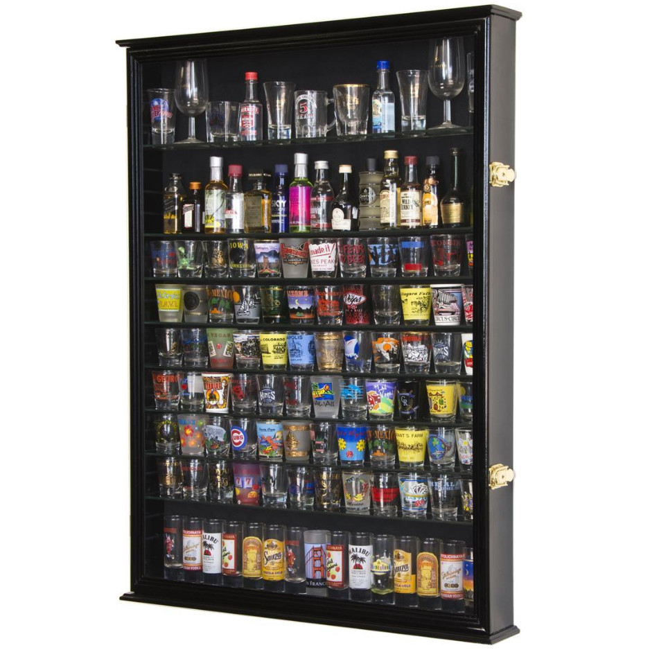 Large Tall Shot Glass, Shooter, Mini Liquor Bottle Display Case Cabinet UV Protection Black Wood