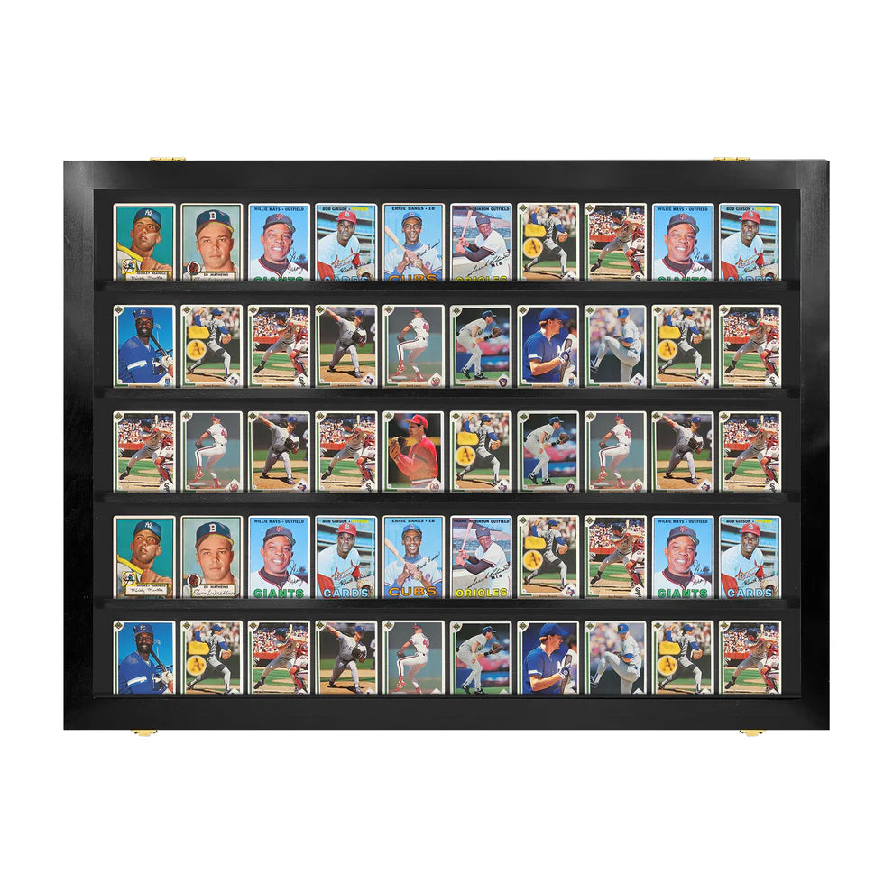 Collection of baseball trading cards displayed in a black frame