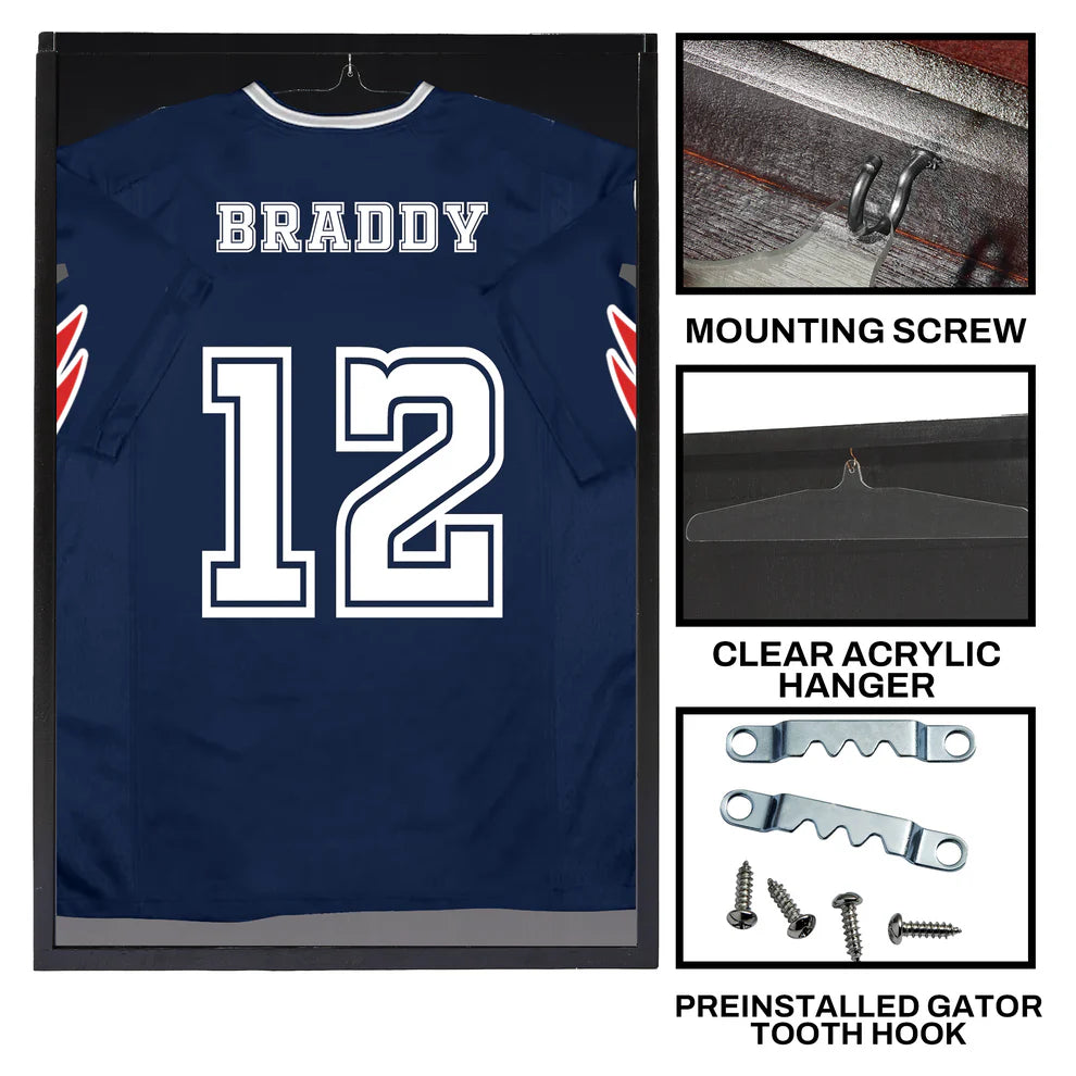 Black Football Jersey Frame Display Case - Shadow Box for Jersey Display - UV Protection Wall Mountable