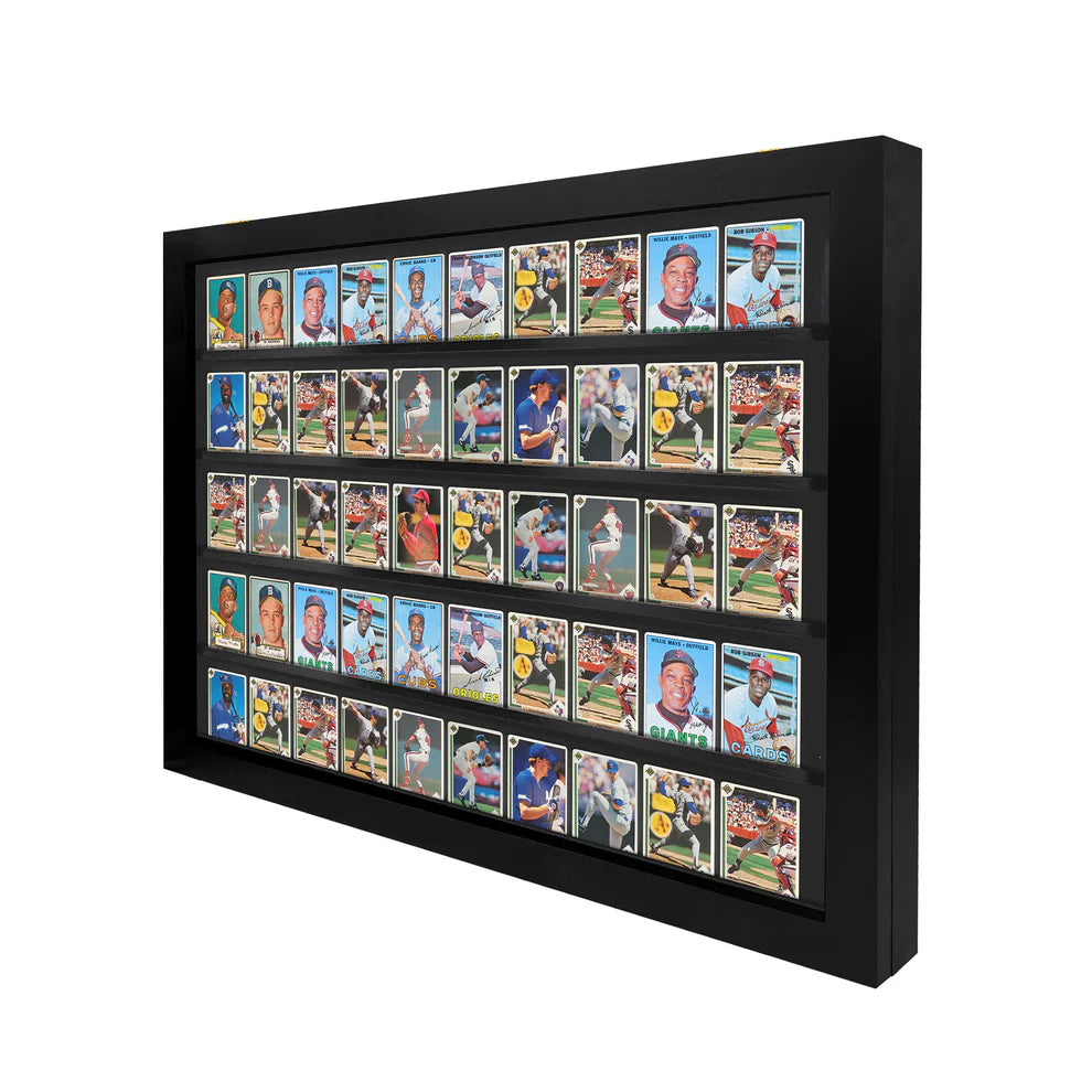 Black framed display case with baseball trading cards on a white background