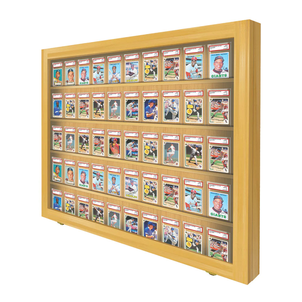 50 Graded PSA - Sports Trading Card Slab Display Case Cabinet Oak Wood