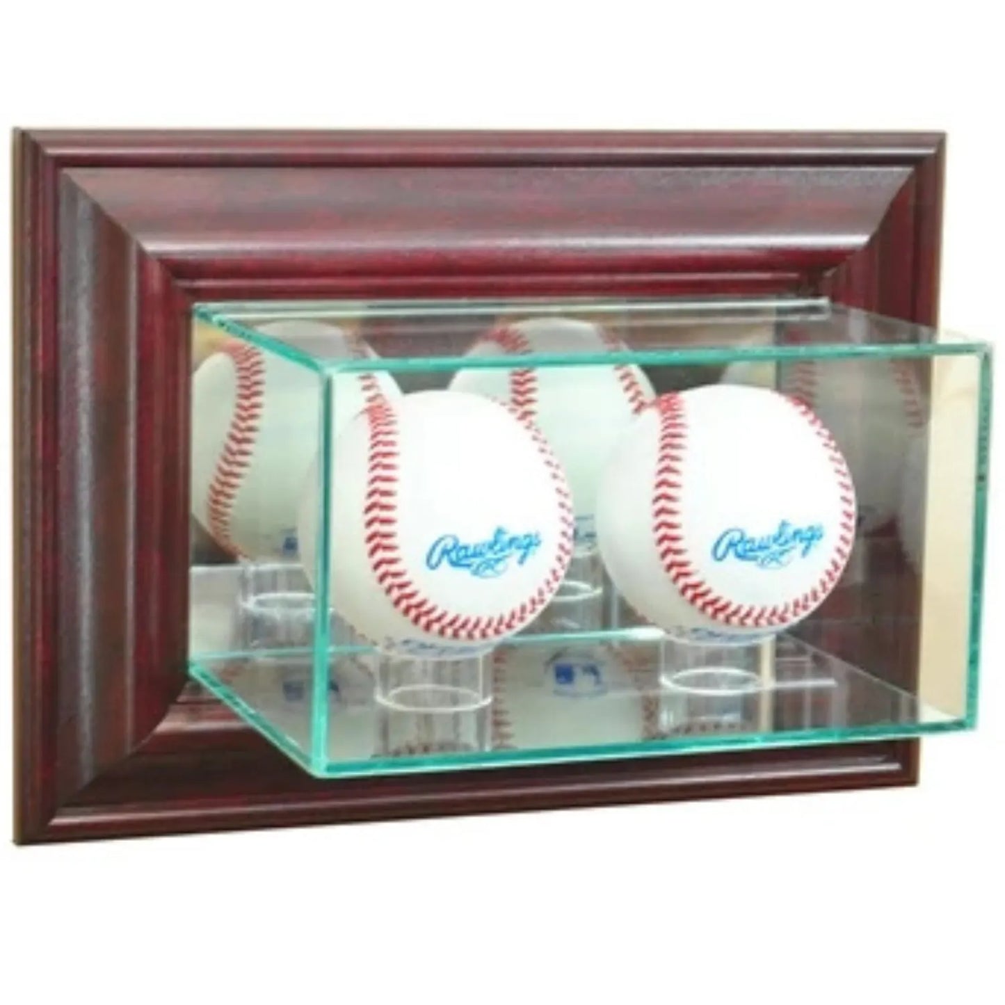 Real Glass Wall Mounted Double Baseball Display Case Cherry