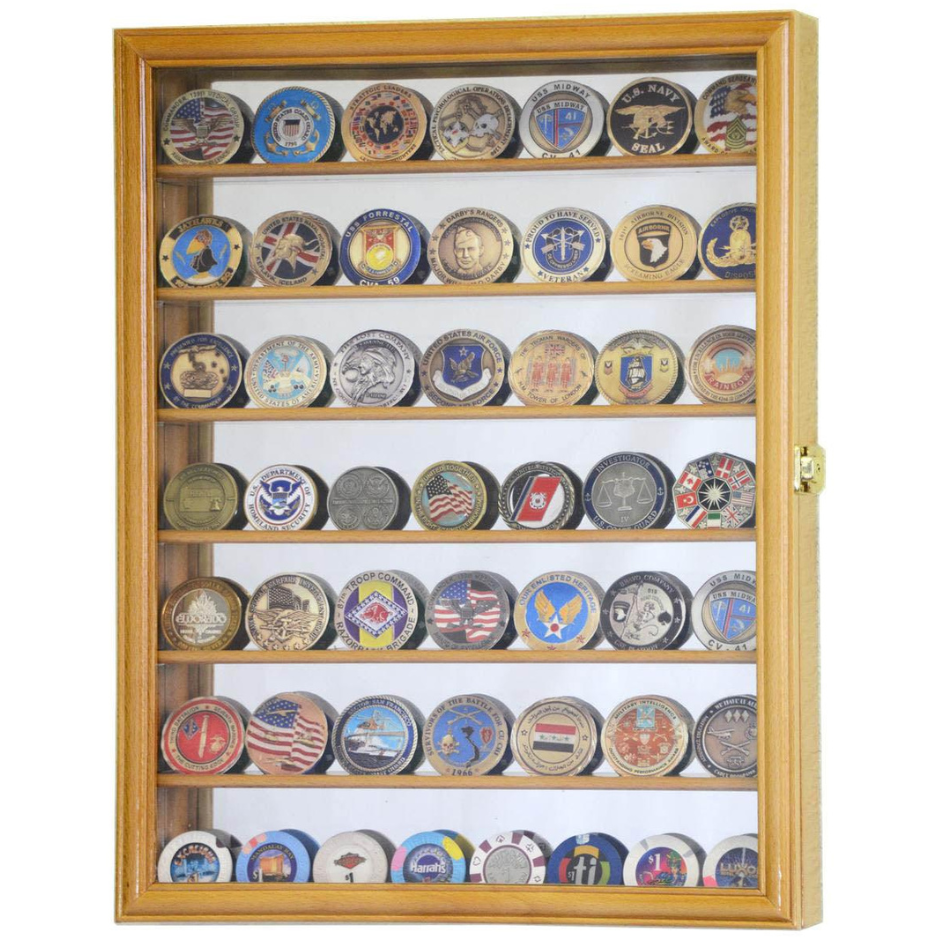 Mirrored Back Military Challenge Coin Display Case Cabinet UV Protection Oak Wood