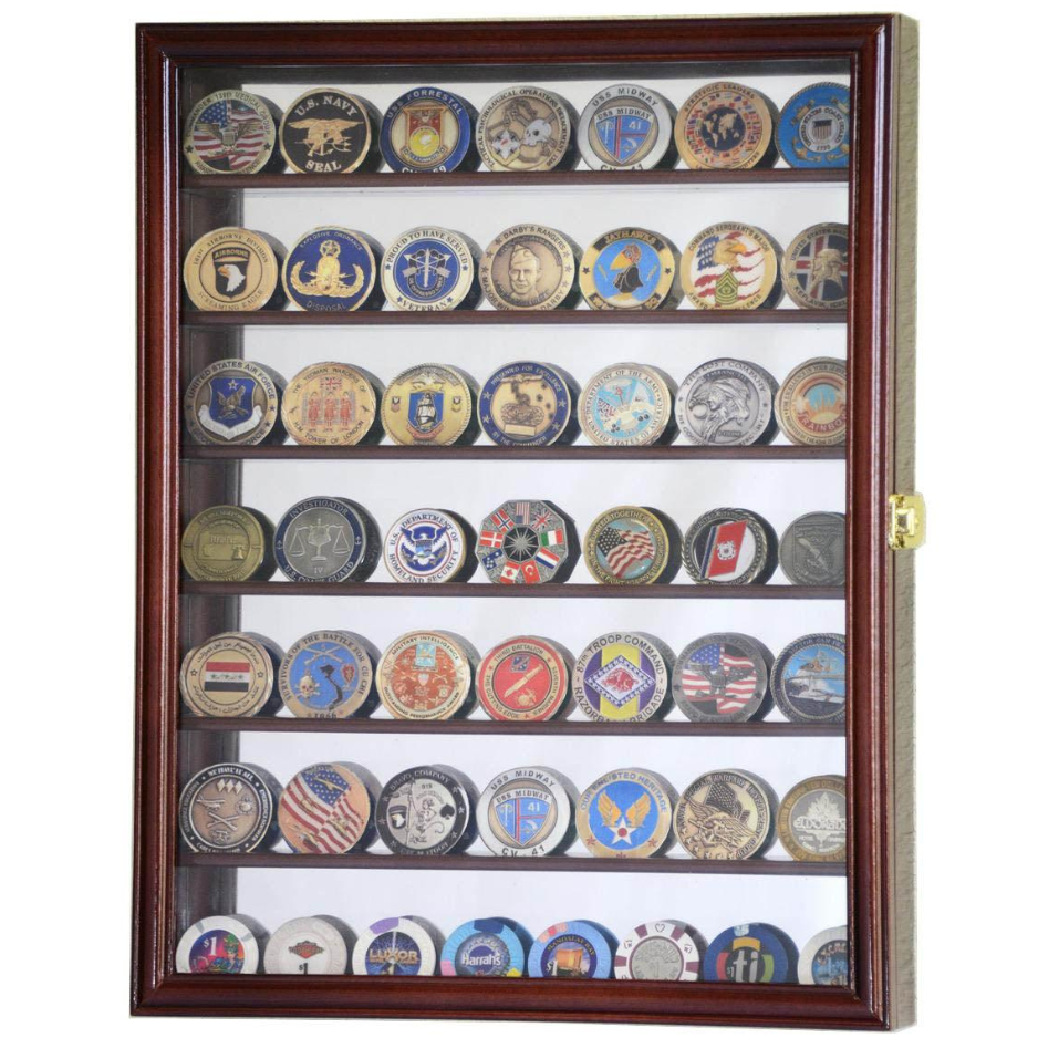 Mirrored Back Military Challenge Coin Display Case Cabinet UV Protection Cherry Wood