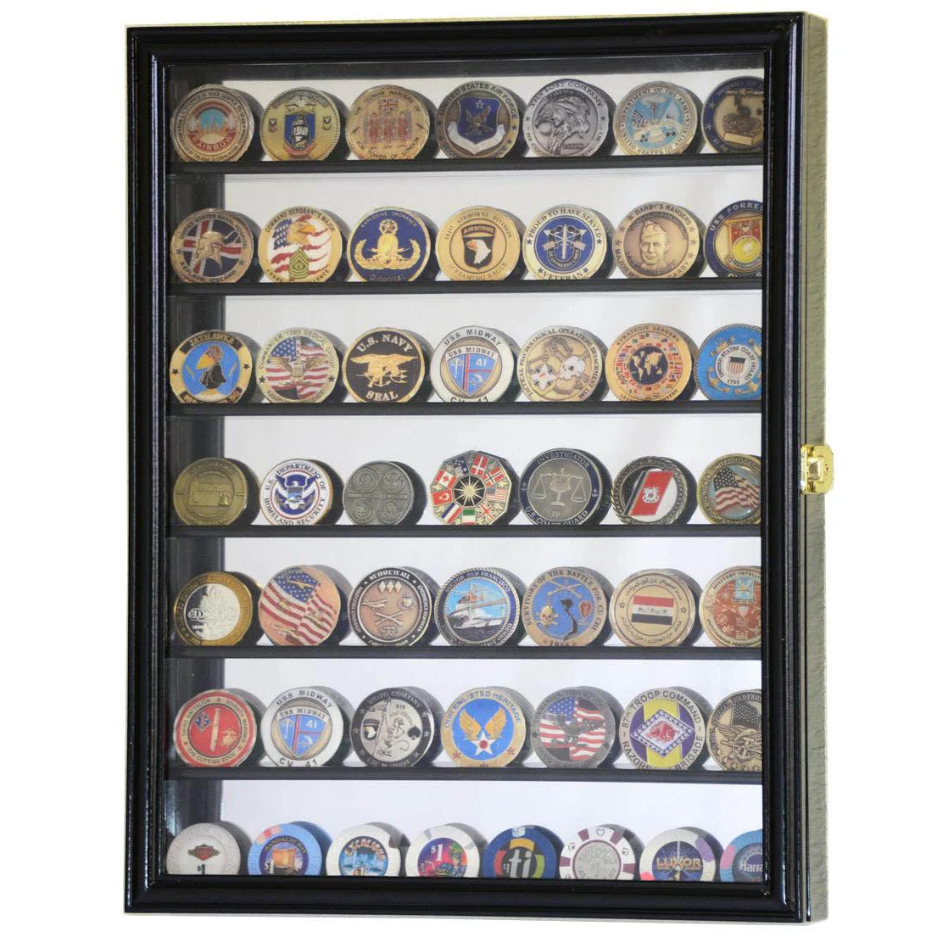 Mirrored Back Military Challenge Coin Display Case Cabinet UV Protection Black Wood