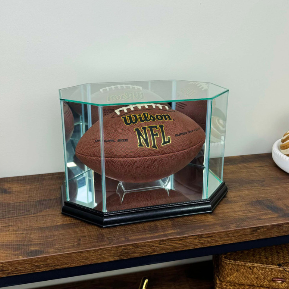 Real Glass Octagon Football Display Case Black Wood UV Protection NFL