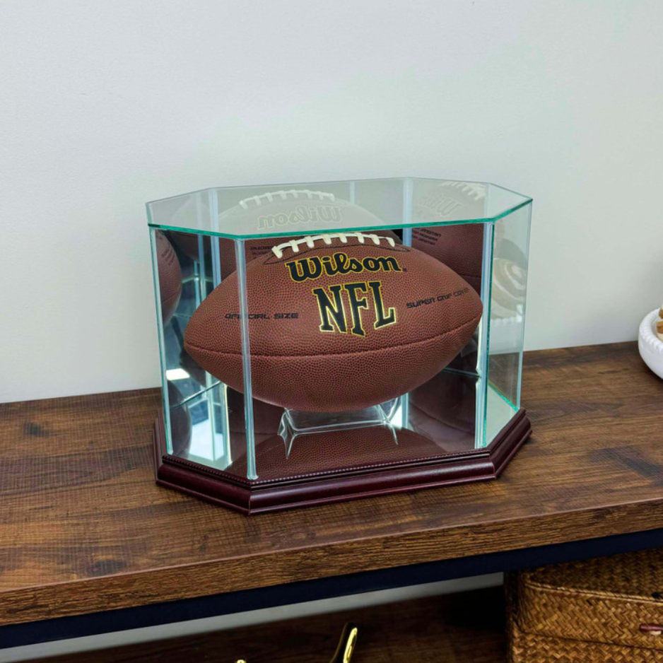 Real Glass Octagon Football Display Case Cherry Wood UV Protection NFL